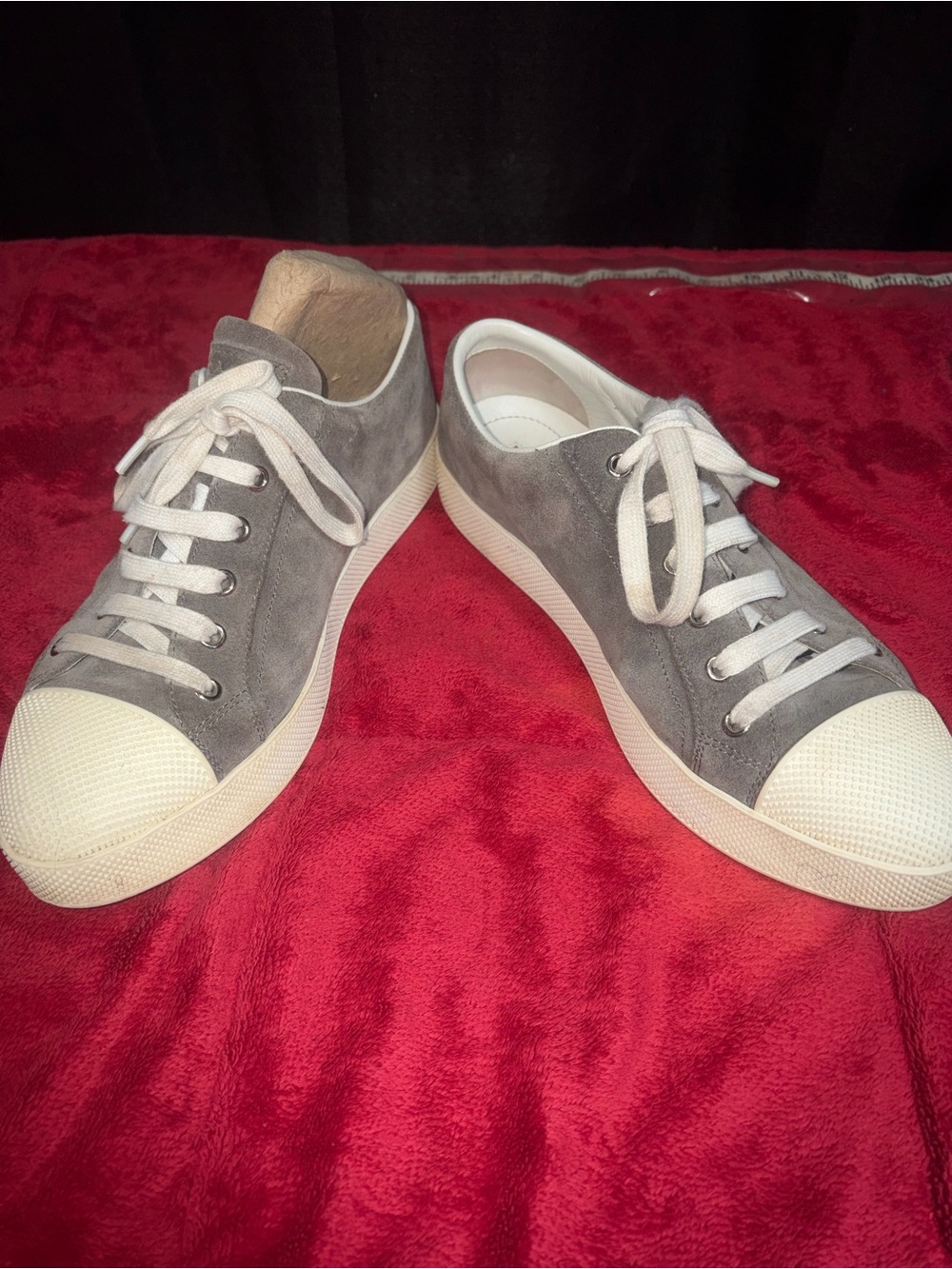 Prada Gray Suede Low-Top Sneakers with White Toe Caps
